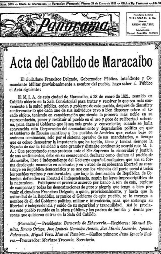 Acta del Cabildo de Maracaibo. Vía Diario Panorama