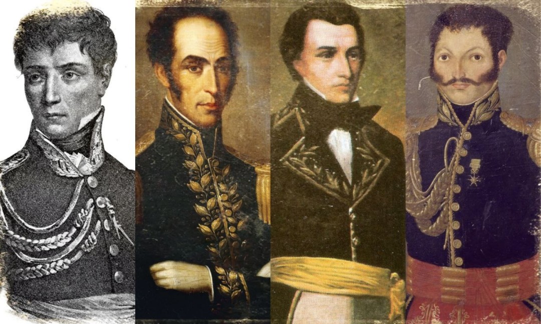 Rafael del Riego, Simón Bolívar, Manuel Piar y José Antonio Páez