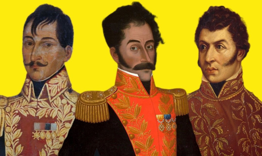 Francisco de Paula Santander, Simón Bolívar y Antonio Nariño. Composición: Kiko Perozo