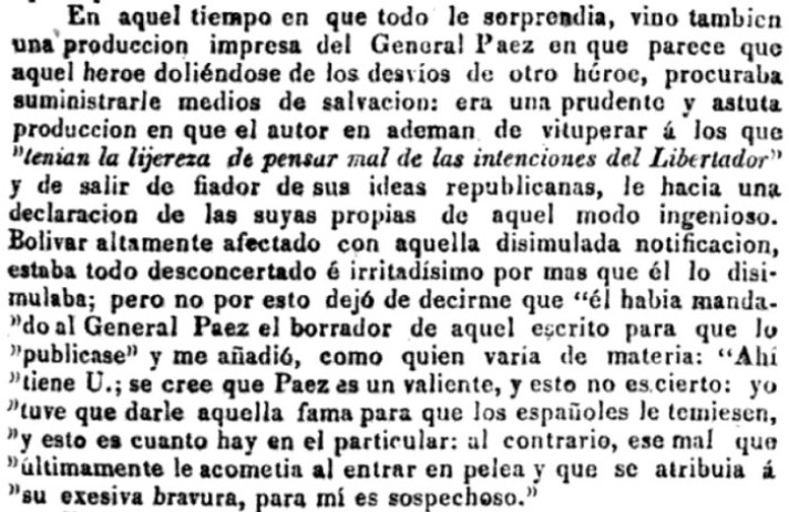 Bolívar sobre Páez, en las memorias de Obando.